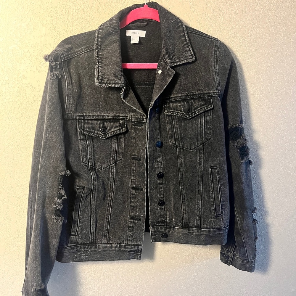 Forever 21 Black Denim Jacket Size Medium, Distressed